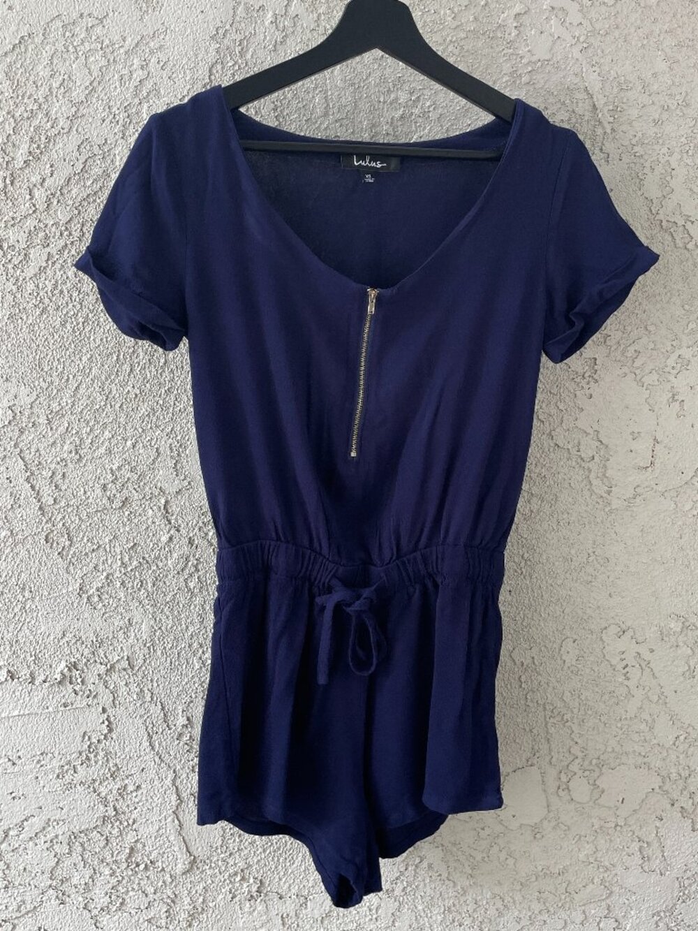 Lulus Navy Blue Scoop Neck Romper XS Short Sleeve Zip Front Coastal Summer